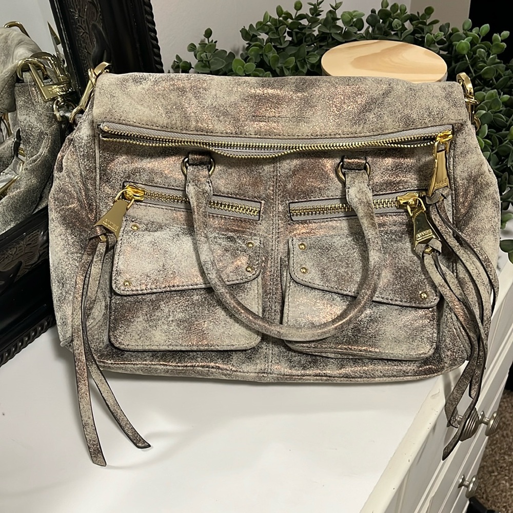 Aimee Kestenberg Gray w/ Irridescent Metallic Leather Satchel Handbag great